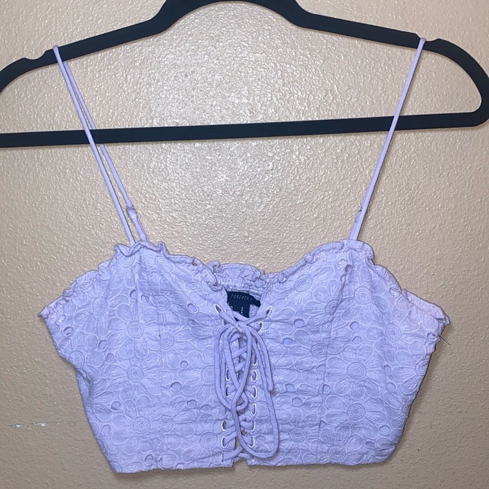 Forever 21 Lilac Lace Floral Crop Top sweetheart neckline with front tie string
